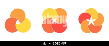 Infografik-Abschnitte des grafischen Venn-Diagramms. Überlappende Kreisformen Kreise Diagrammlinien Set. Venn-Diagramme mit überlappenden Kreisen, die einen gemeinsamen Bereich zeigen, zur Infografik. Vektorabbildung Stock Vektor