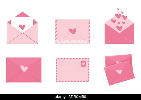 Umschlagset, süße Liebesbriefe mit Herzen, rosa romantische Post mit Stempel, Luftpost, Postkarte. Dekorationselemente für Hochzeit und Valentinstag. Vektorabbildung Stock Vektor