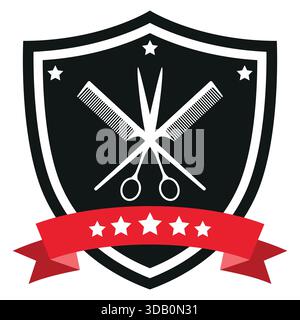 Logo-Emblem im Friseur-Shop. Schild für Friseursalon auf weißem Hintergrund. Stock Vektor