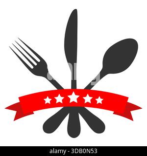 Abbildung des Logos für die Restaurantvorlage. Besteck mit Banner auf weißem Hintergrund Stock Vektor
