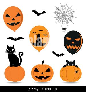 Illustration eines Sets von Elementen für Halloween auf weißem Hintergrund. Stock Vektor