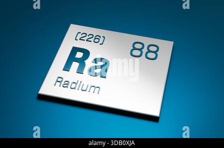 Radium, Ra, Periodensystem, radioaktives, silbrig-weißes Erdalkalimetall. Radium, Ra, Periodensystem, radioaktives, silbrig-weißes Erdalkalimetall. Wissenschaft, chemisches Element, Atomgewicht, Atomzahl. 3D-Illustration science027s periodic table Element Radium Stockfoto
