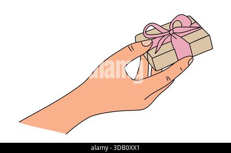Eine Hand, die eine kleine Geschenkbox mit Band anbietet Stock Vektor