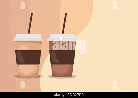 Zwei Einweg-Kaffeetassen auf pastellfarbenem Hintergrund, einfaches modernes flaches Design. Stock Vektor