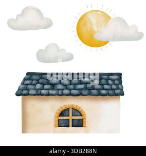 Aquarellhütte mit Ziegelwand und dunkelblauem Ziegeldach unter sonnigem Himmel und Wolken. Weißer Hintergrund. Illustration der Bilderbuch-Landschaft für Kinderzimmerdekor und Kinderzimmer Wandkunst, Grußkarten Stockfoto