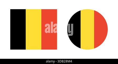 Flagge von Belgien. Kreisförmige Symbole der belgischen Flagge. Nationale belgische Runde, rechteckige Flaggenabzeichen. Schaltfläche, Banner, Zeichenkreis, Rechteckformen. Stock Vektor