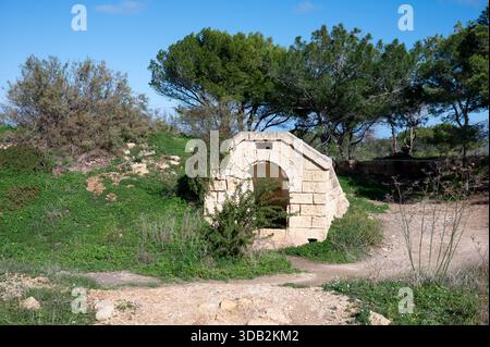 Trockene, zerklüftete Landschaften mit karger Vegetation am Stadtrand von Marsaxlokk Marsaxlokk, Malta, 6. Dezember 2025. Stockfoto