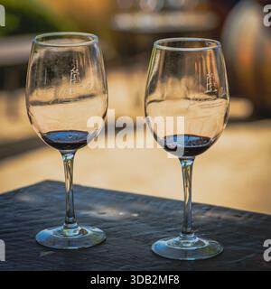 Valparaiso, Chile--2. Februar 2025. Zwei elegante Weingläser mit tiefem Rotwein stehen auf einer verwitterten Holzoberfläche mit einer verschwommenen Weinlandschaft Stockfoto