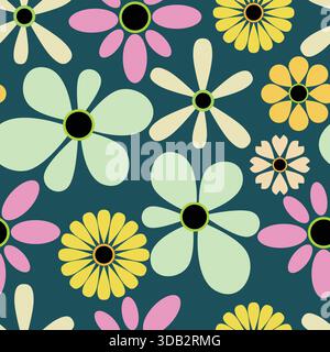 Florales nahtloses Vektormuster mit Retro-Blumen bunten Formen auf schwarzem Hintergrund Stock Vektor