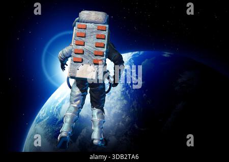Astronaut mit Spezialanzug und Himmelskörper im Weltraum Stockfoto