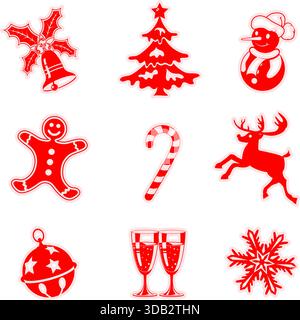 Setzen Sie Weihnachtssymbole mit Baum, Schneemann, Süßigkeiten, Schneeflocke, Vektor Stock Vektor