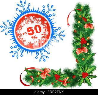 Weihnachtsrahmen mit Tannenzweigen, Verkaufsetikett und Tablet-PC, Vektorillustration Stock Vektor