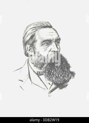Friedrich Engels, 28. November 1820 – 5. August 1895 war ein deutscher Philosoph, Politiktheoretiker, Journalist, Geschäftsmann und revolutionärer Sozialist. Er ist vor allem bekannt für seine lebenslange Zusammenarbeit mit Karl Marx, mit dem er zusammen das Kommunistische Manifest (1848) verfasste und das politische und philosophische System entwickelte, das als Marxismus bekannt wurde. Nach Marx Tod war Engels Herausgeber seiner Werke und vervollständigte den zweiten und dritten Band von das Kapital. Stockfoto
