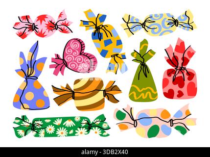 Satz von Illustrationen von verschiedenen Süßigkeiten mit bunten Verpackungen. Vintage-Süßigkeiten. Nachtisch, Leckerli, süßes Weihnachtsessen. Zuckersnack, Süßwarenkonzept. Stockfoto