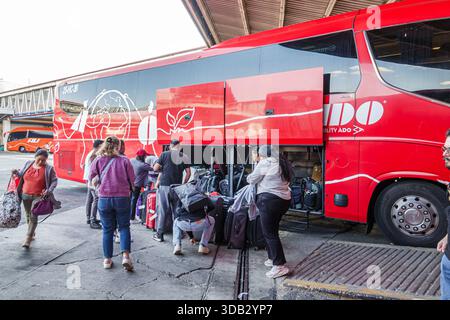 Puebla Mexico, CAPU Central de Autobuses de Puebla Bushaltestelle, ADO Bus Kofferraum geöffnet, Angestellte, die Gepäck laden, Männer Erwachsene männliche Angestellte Stockfoto