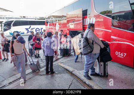 Puebla Mexico, CAPU Central de Autobuses de Puebla Busbahnhof, Außenbahnsteig des ADO Intercity Bus, Passagiere Erwachsene Männer Frauen mit Koffern, Stockfoto