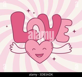 Niedlicher rosa Groovy Herzcharakter und Love Lettering Doodle. Vektorabbildung. Valentinstag – Designkarte Mit Cartoon-Design. Nicht AI... Stock Vektor