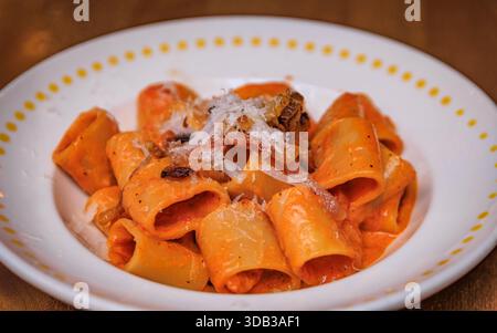 Traditionelle römische Paccheri Pasta alla zozzona mit cremiger Tomaten- und Eigelbsauce, gebratener Pancetta und rasierendem Pecorino, Zürich, Schweiz Stockfoto