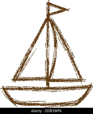 Eine grobe strukturierte Zeichnung eines kleinen Segelbootes mit Mast und Rumpf, die auf sanften Wellen schwimmen. Stock Vektor