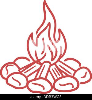 Eine rote Linienzeichnung eines brennenden Lagerfeuers mit ordentlich angeordneten Holzstämmen unter den Flammen. Stock Vektor