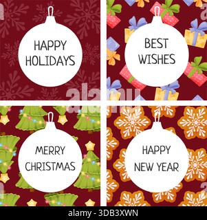 Set festlicher Feiertagsbanner mit Geschenken, Keksen, weihnachtsbäumen auf dunklem Hintergrund Stock Vektor