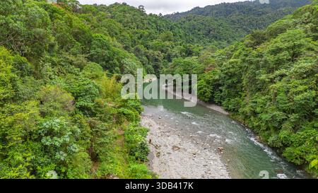Wunderschöner Fluss, der durch die üppige grüne Landschaft in Agua Clara, Valle del Cauca, Kolumbien fließt. Stockfoto