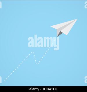 Papierflugzeug-Symbol mit gepunktetem Pfad fliegendem Flugzeug auf blauem Hintergrund Stock Vektor