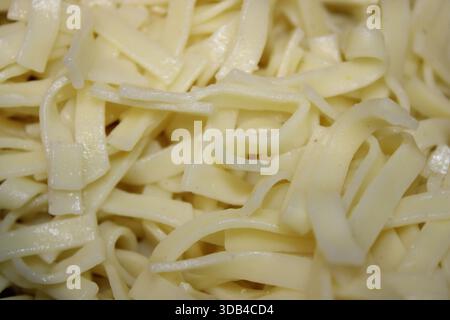Fettuccine Nudeln werden auf einer Ebenen Oberfläche angezeigt. Die Nudeln sind lang und flach, zum Kochen vorbereitet. Hier werden die Zutaten angezeigt, die für eine Mahlzeit bereit sind. Stockfoto