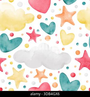 Ein nahtloses Muster für Babys mit Wolken, Sternen und Herzen im Cartoon-Stil. Aquarellabbildung auf weißem Hintergrund. Geeignet für Stockfoto