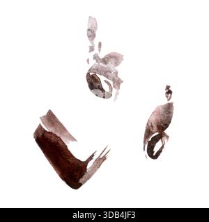 Tiefbraune Formen, arabica-Robusta-Kaffeebohnen mit frei tropfender Textur, ausdrucksstarker Balance. Isolierte handgezeichnete Aquarellillustration Stockfoto