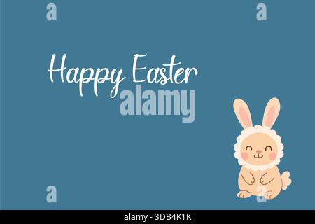 Eine fröhliche Ostergrußkarte mit dem Text Happy Easter und einem entzückenden Häschen auf blauem Hintergrund. Perfekt für Frühlingsferien. Stock Vektor