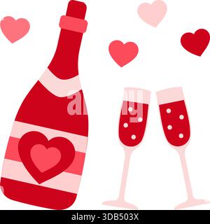Eine Flasche Champagner und ein Paar Sektgläser mit einem Herzen auf weißem Hintergrund, Vektorsymbol. Valentinstag und Hochzeitskonzept. Stock Vektor