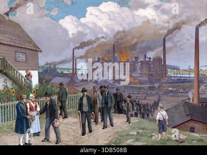 Industriebetriebe, Arbeiter auf dem Weg aus der Fabrik, Rauchschornsteine, Nordrhein-Westfalen, Deutschland, authentische Reproduktion einer Schulwandkarte, historisch, um 1900 Stockfoto