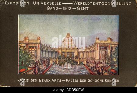 Ein historisches Postkartenbild der Ausstellung Universelle Gand 1913 Palais de Beaux-Arts oder 1913 Gent Expo und des Palais der Schönen Künste Stockfoto