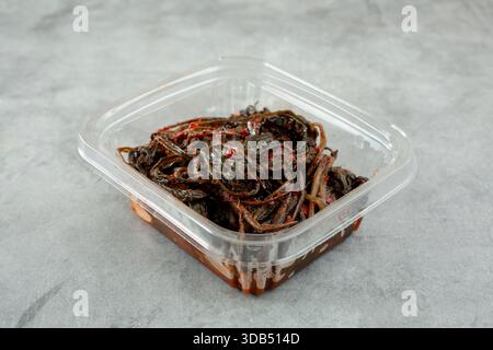 Blick auf einen Plastikbehälter mit Löwenzahn-Kimchi. Stockfoto
