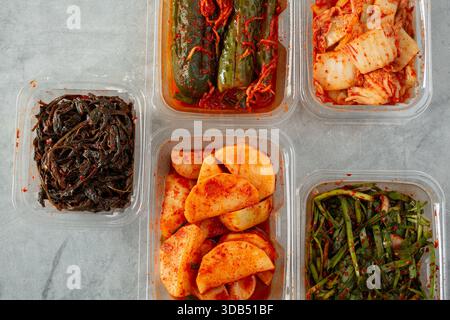 Eine Draufsicht auf eine Vielzahl von Kimchi in Kunststoffbehältern. Stockfoto