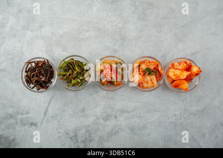 Eine Draufsicht einer Reihe verschiedener Kimchi. Stockfoto
