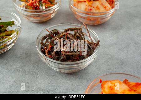 Blick auf eine kleine Glasschale mit Löwenzahn-Kimchi, umgeben von verschiedenen Kimchi. Stockfoto