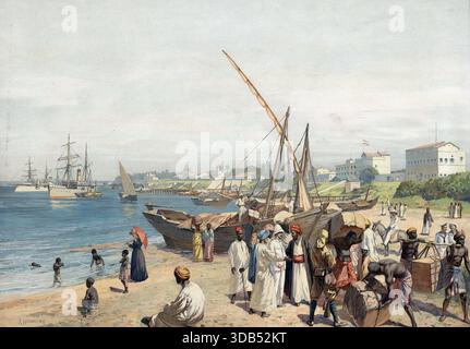 Deutsche Kolonie, Hafenszene in dar es Salaam, Tansania, authentische Reproduktion einer Schulplakette, historisch, um 1900 Stockfoto