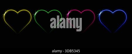 Ein Satz von farbigen, leuchtenden, herzförmigen Laserrahmen, isoliert auf schwarzem Hintergrund. Abstrakte Vektorillustration. Stock Vektor