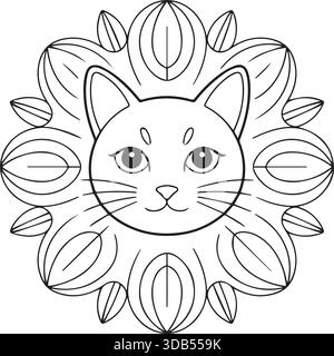 Schöne Linienzeichnung einer Katzengesicht-Mandala-Malseite Stock Vektor