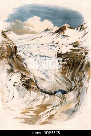 "Der Rhonegletscher ist ein Talgletscher im Quellgebiet der Rhone im äußersten Nordosten des Kantons Wallis in den Zentralalpen der Schweiz; authentische Reproduktion einer Schulwandkarte, historisch, um 1900" Stockfoto