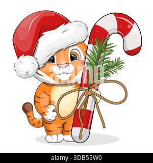 Süßer Cartoon Tiger mit weihnachtlichem Zuckerrohr. Neujahrsvektor-Illustration von tierischen und süßen Lebensmitteln auf weißem Hintergrund. Stock Vektor