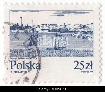 POLEN — 2. November 1982: 25 Zloty violett-blaue Briefmarke mit einem Panorama der Weichsel in Danzig — Festung Wisłoujście, Gemälde eines unbekannten Künstlers. Die Weichsel ist der längste Fluss Polens. Die Weichsel entspringt bei Barania Góra im Süden Polens in den schlesischen Beskiden. Er fließt durch die größten Städte Polens, darunter Kraków, Sandomierz, Warschau, Płock, Włocławek, Toruń, Bydgoszcz, Świecie und Gdańsk. Er mündet in die Weichsel Lagune oder direkt in die Bucht von Gdańsk der Ostsee. Der Fluss hat viele Assoziationen mit polnischer Kultur, Geschichte und nationaler Identität Stockfoto