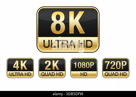 Black & Gold Tech Labels mit 8K bis 720p – elegante Auflösungssymbole für UI, Medien und Branding Stock Vektor