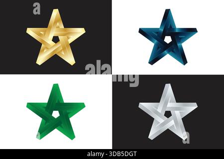Sternformen in Gold-Blau-Grün und Silber vor kontrastierenden schwarz-weißen Hintergründen Stock Vektor