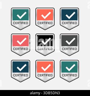 Zertifiziertes Badge Raster Bunte Shield-Symbole mit Häkchen für Produktgenehmigung, Benutzeroberfläche und Branding Stock Vektor