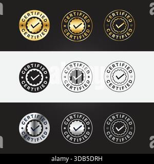 Zertifiziertes Siegelset: Eine Kollektion von neun professionellen, hochwertigen zertifizierten Siegeln in Gold, Silber und Schwarz mit einem Häkchen-Symbol. Perfekt Stock Vektor