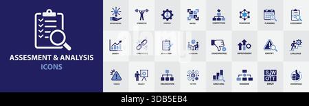 Eine Sammlung blauer und weißer Linien, die sich auf die Beurteilung und Analyse beziehen, mit Symbolen für Checklisten, Vergrößerungsglas, Diagramme, Planung oder Stock Vektor