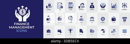 Eine umfassende Reihe von Symbolen für das Finanzmanagement in Blau und weiß mit Konzepten wie Investitionswachstum, Bankdienstleistungen, Einsparungen und digitale Transaktionen Stock Vektor
